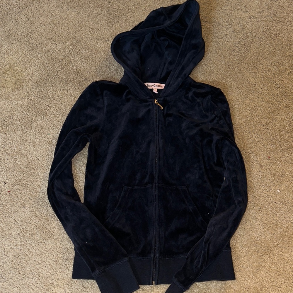 Juicy Couture Midnight navy blue Velour Hoodie small s retro gold crown JC